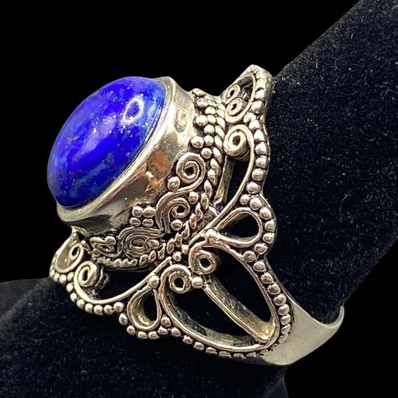 Bali style filigree round boho blue lapis lazuli ring 925 sterling silver - Picture 10 of 10